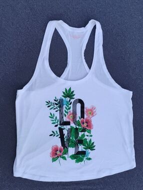 Women's Size Large Victoria's Secret White Racerback Tank with Pink Floral LOVE